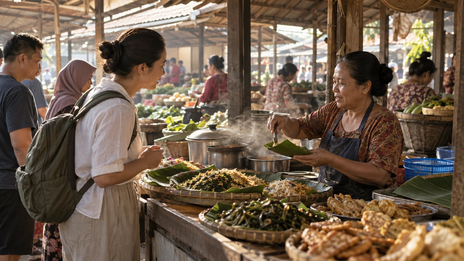 Ilustrasi AI — Pedagang perempuan di lapak pasar beratap kayu menyodorkan makanan beralas daun pisang kepada pengunjung berransel, dengan nampan sayur dan gorengan di depannya