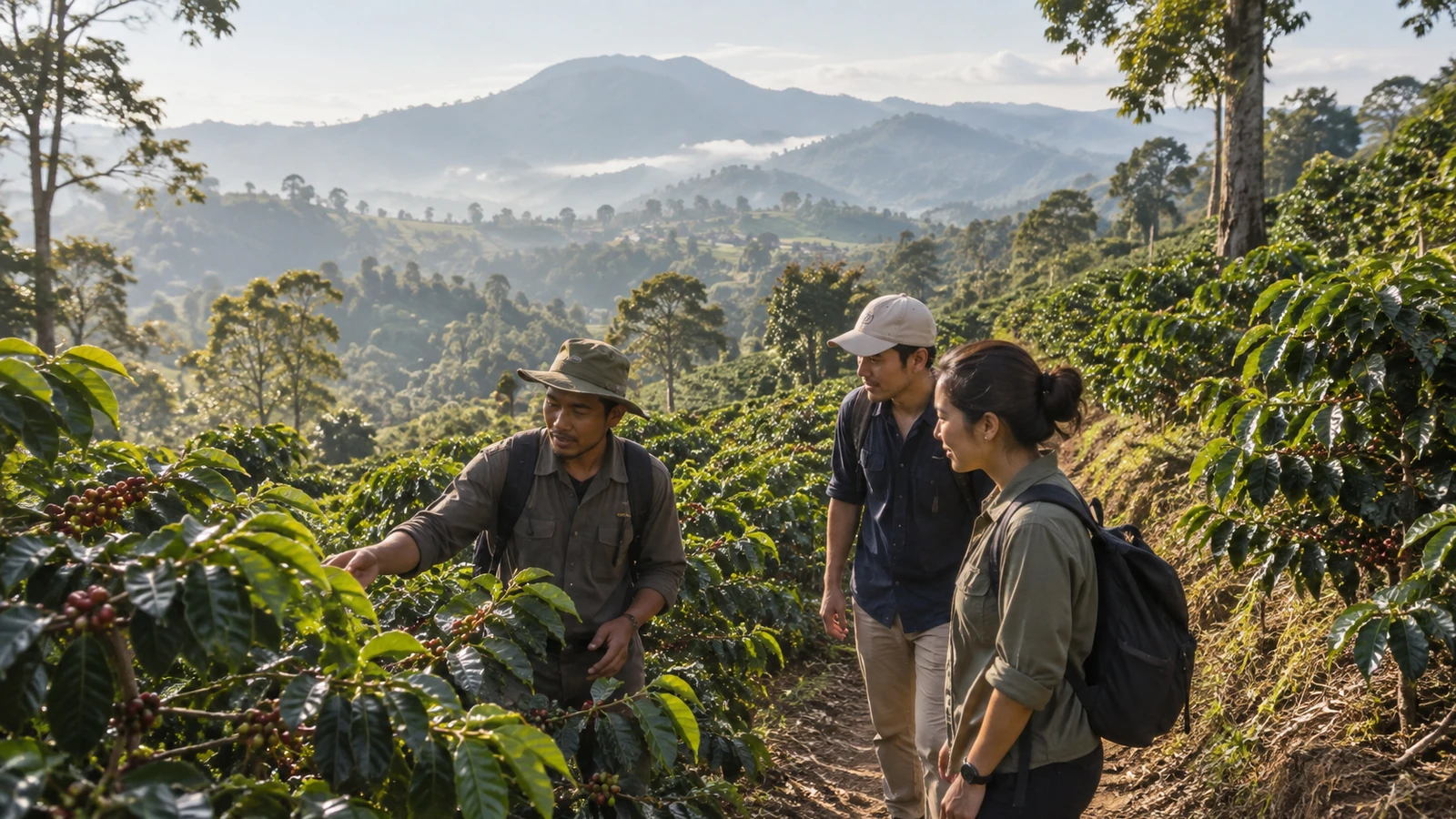 Ilustrasi AI — pemandu bertopi menunjuk buah kopi merah pada pohon kopi kepada dua pengunjung berransel di jalur kebun lereng bukit, pegunungan berkabut di latar belakang