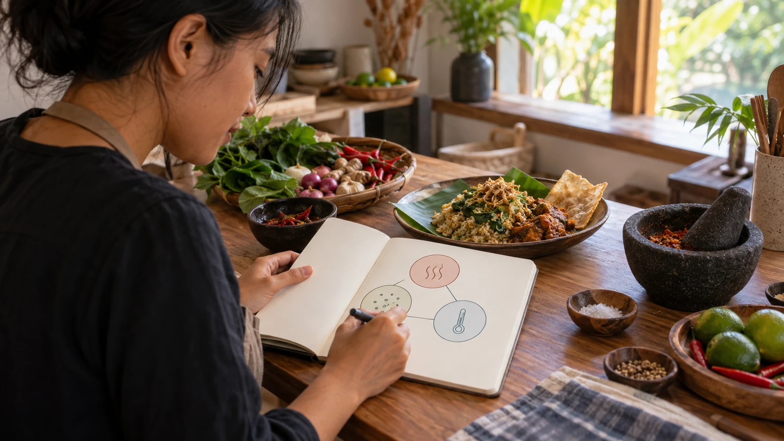 Ilustrasi AI — Tangan menggambar diagram tiga lingkaran berisi simbol aroma, butiran, dan termometer di buku catatan, dengan hidangan nasi dan cobek di meja