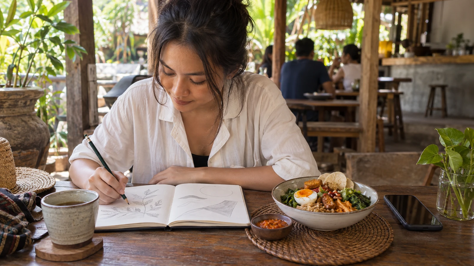 Ilustrasi AI — Perempuan menulis di buku sketsa terbuka di meja kayu, di samping semangkuk nasi dengan sayur dan telur, mangkuk kecil sambal, dan ponsel