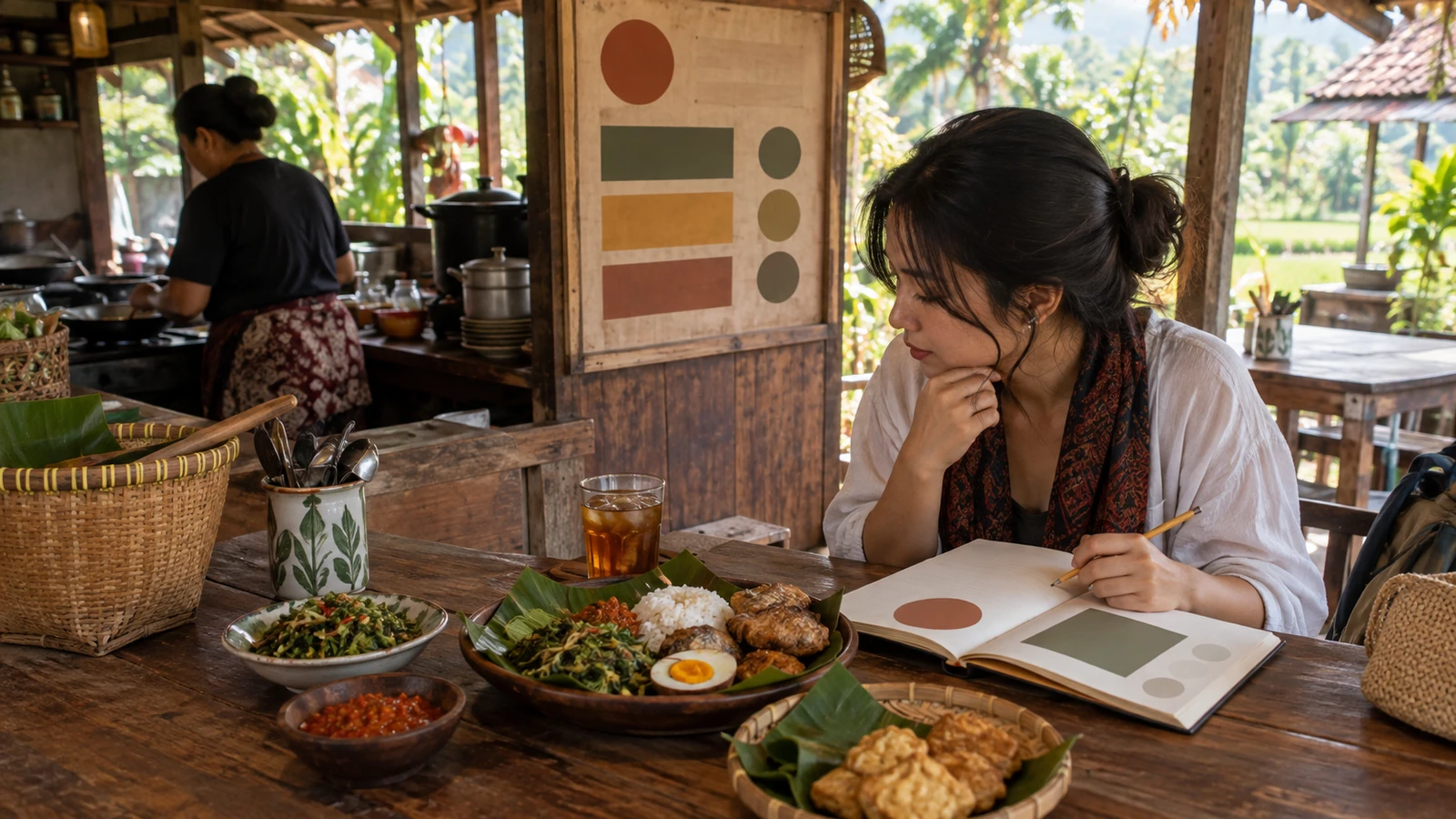 Ilustrasi AI — perempuan menulis di buku catatan di meja warung kayu berisi nasi, sayur, telur, sambal, dan tempe goreng di atas daun pisang, papan dengan blok warna tanpa tulisan di belakangnya