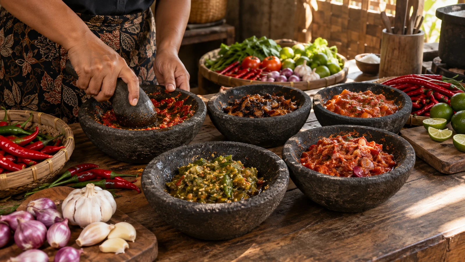 Ilustrasi AI — lima cobek batu berisi sambal merah, hijau, dan cokelat di meja kayu, tangan mengulek di salah satu cobek, dengan cabai, bawang, tomat, dan jeruk nipis di sekitarnya
