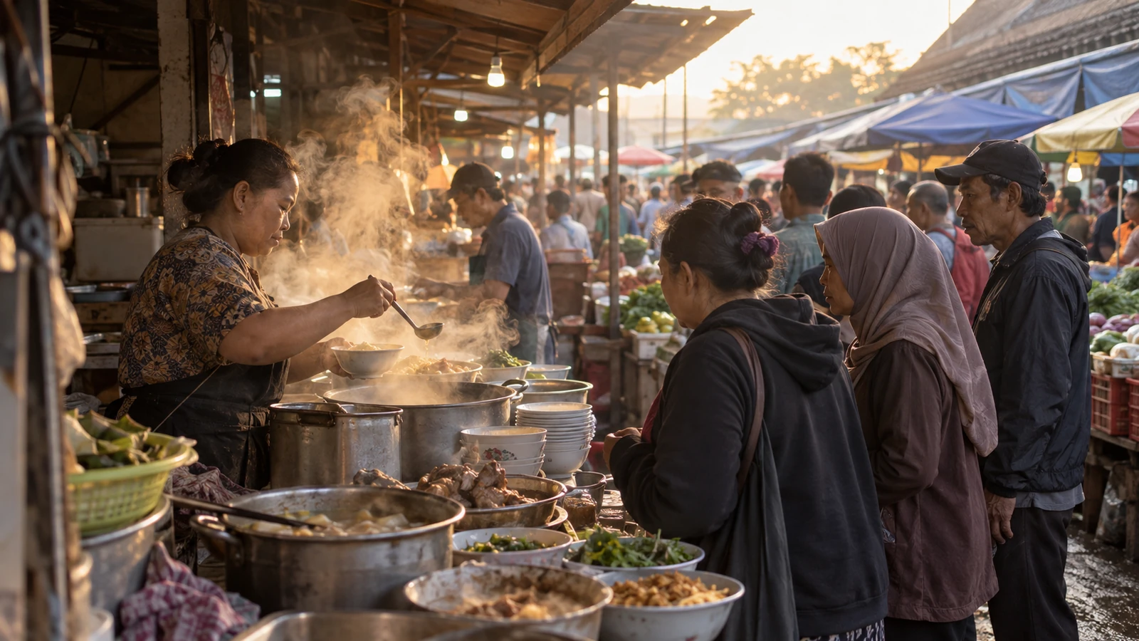 Ilustrasi AI — pedagang menyendok kuah dari panci beruap di lapak pasar pagi, sementara beberapa pembeli mengantre di depan deretan mangkuk lauk